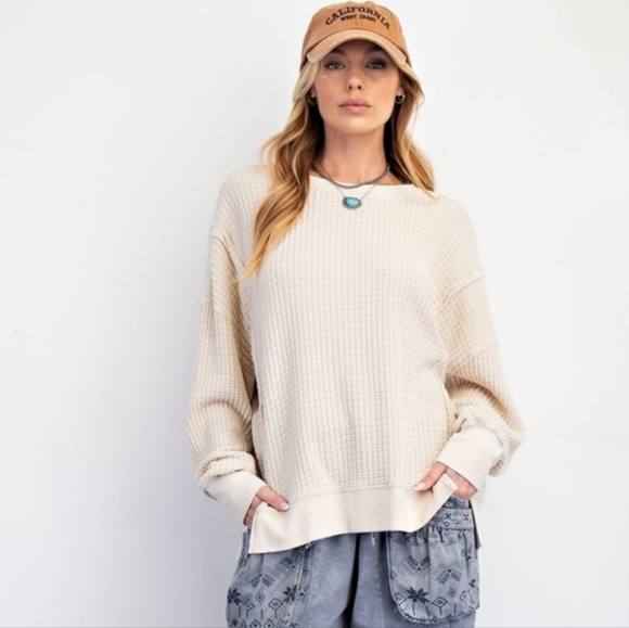 easel Sweaters - Easel Cream Tan Waffle Knit High Low Raw Distressed Hem Sweater Boutique